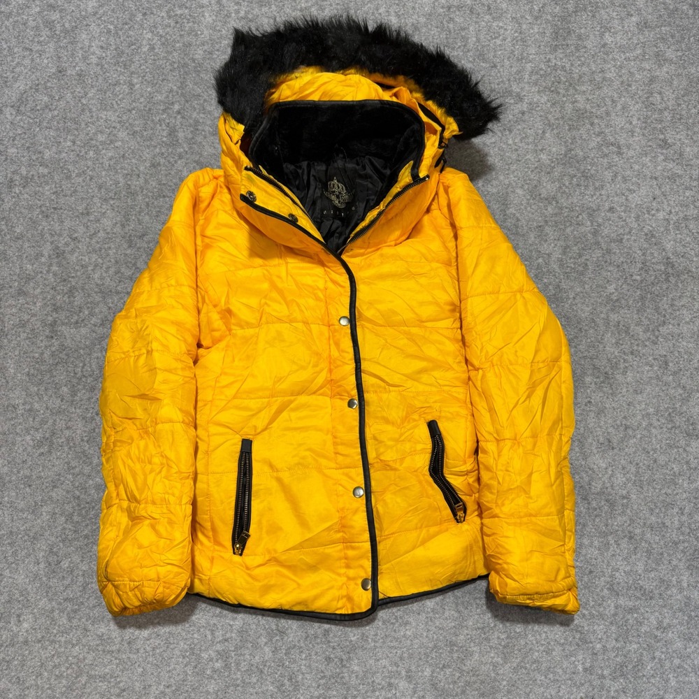 Rising Yellow Quilted Puffer Jacket Faux Fur Hood Snap Zip Pockets XL